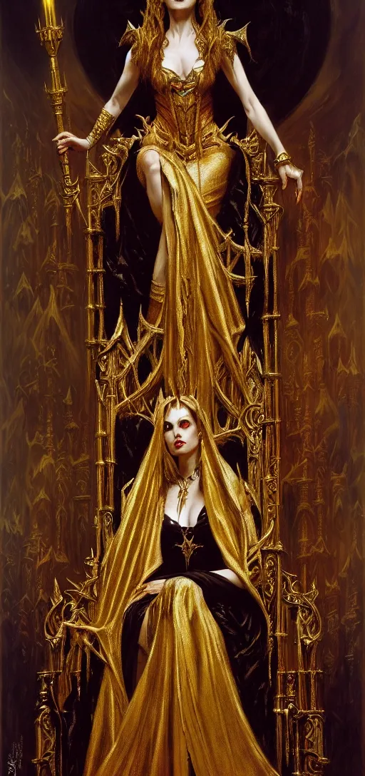 Image similar to full body portrait of beautiful vampire queen in gold gothic robes sitting on a throne of bones, elegant, highly detailed painting by gaston bussiere, craig mullins, j. c. leyendecker, 8 k, mid shot