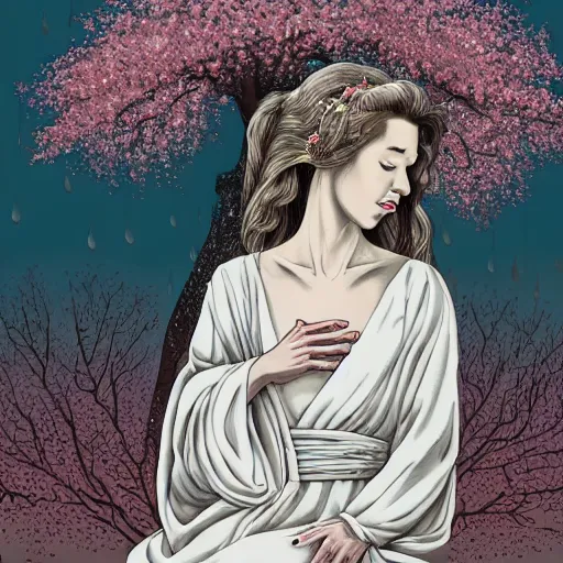 Prompt: a crying woman in a white gown kneeling at a beautiful shrine under a cherry blossom tree, rainy wet, ultradetailed, hd 8 k, illustration, aaron horkey