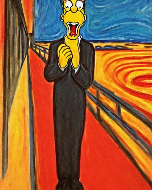 Image similar to a painting of homer simpson screaming in the scream by edvard munch