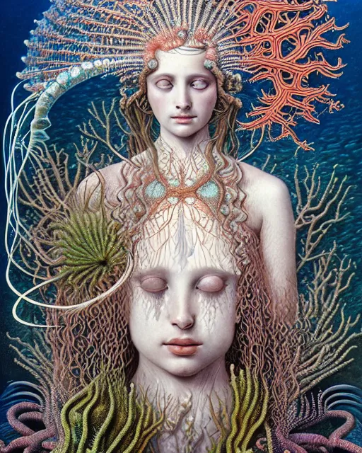 Image similar to realistic detailed underwater portrait of the beutiful young goddess of the fish of the three times with an intricate headdress of corals, sea kelp, sea plants, fish, jellyfish, art by ernst haeckel, zdzisław beksinski, gothic, neo - gothic, ornamental,