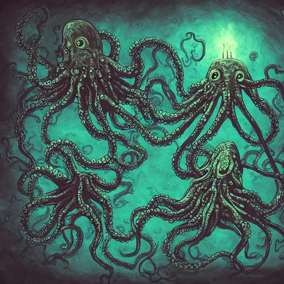 Image similar to alien octopus spider with kraken head, in a dark cave with glowing writing on the walls, contrasting colors, in the style of Kristian Wåhlin