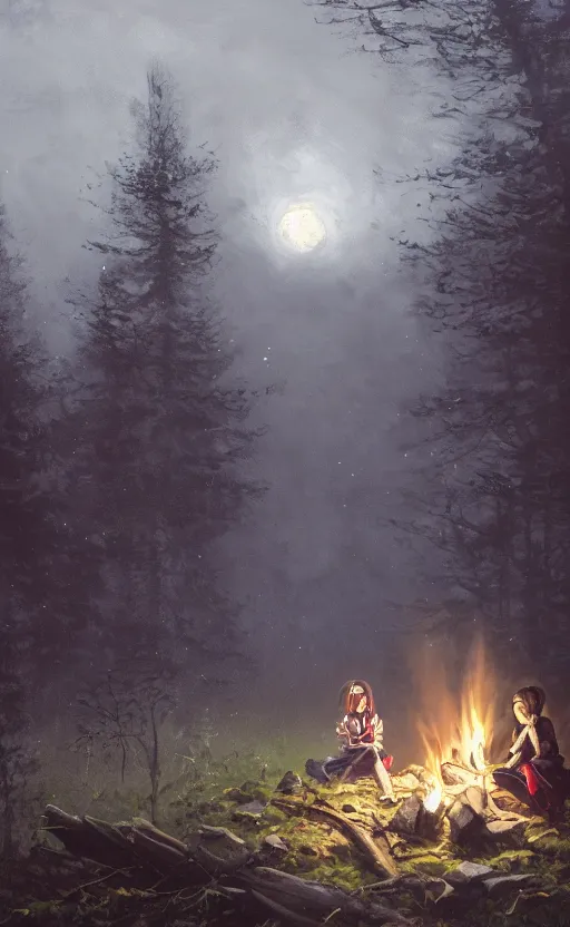 Image similar to An anime girl with short black hair and green eyes in a tan trenchcoat sitting on a log and drinking tea by the campfire by her motorcycle at night under the stars in the style of Jakub Rozalski, evocative, mystical night, detailed, award winning, masterpiece digital painting by Greg Rutkowski, Alex Grey, artstation, 4k wallpaper