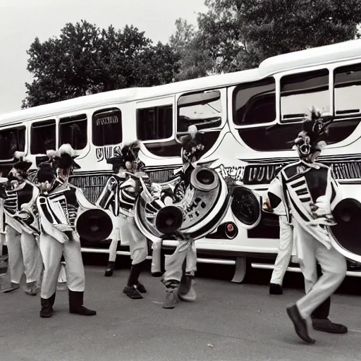 Image similar to photograph of madison scouts drum and bugle corps drum line from 1 9 9 2 warming up beside a madison scouts drum and bugle corps tour bus, photorealism, detailed