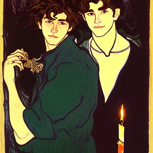 Image similar to painting of young cute handsome beautiful dark medium wavy hair man in his 2 0 s named shadow taehyung and cute handsome beautiful min - jun together at the halloween party, bubbling cauldron, candles, smoke, tarot, autumn colors, elegant, stylized, soft facial features, delicate facial features, art by alphonse mucha, vincent van gogh, egon schiele