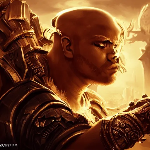 Image similar to portrait of babylon high priest, league of legends amazing splashscreen artwork, gears of war, splash art, natural light, elegant, photorealistic facial features, intricate, fantasy, detailed face, atmospheric lighting, anamorphic lens flare, cinematic lighting, league of legends splash art, hd wallpaper, ultra high details by greg rutkowski