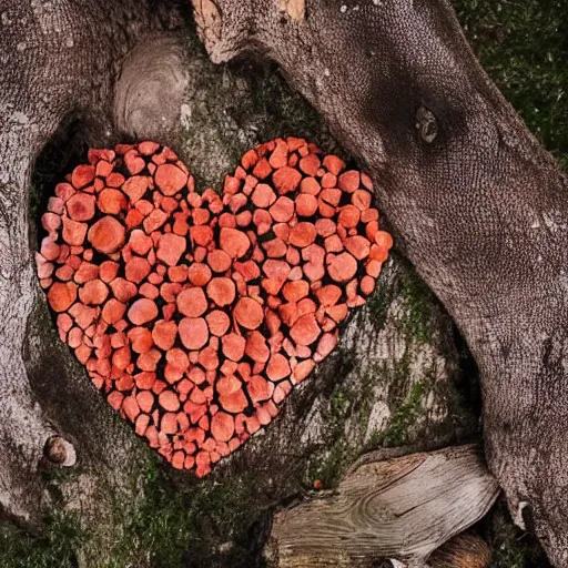 Prompt: photograph of a real human heart sitting on the ground in a forest of dead trees