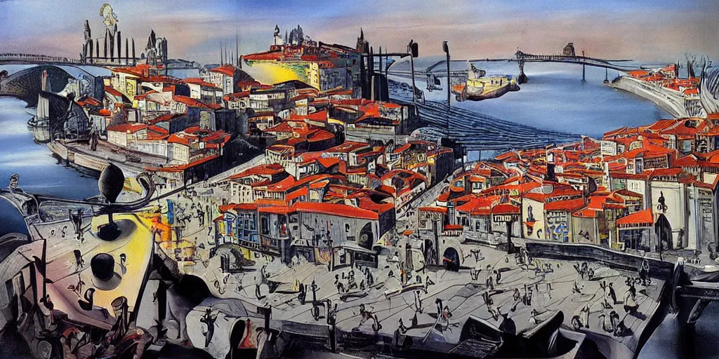 Prompt: futuristic city of Porto Oporto, painting by Dali