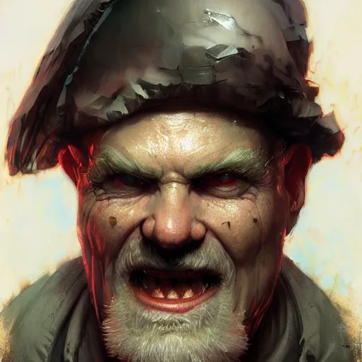 Image similar to portrait of a red bald man with black eyes and a black teeth, horror, glowing eyes, by Stanley Artgerm Lau , greg rutkowski, thomas kindkade, alphonse mucha, loish, norman rockwell. Trending on artstation detailed illustration hd 4k