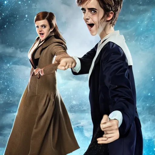 Image similar to Emma Watson as The Doctor's newest companion. Ricky Berwick as The Doctor. Promotional Poster.