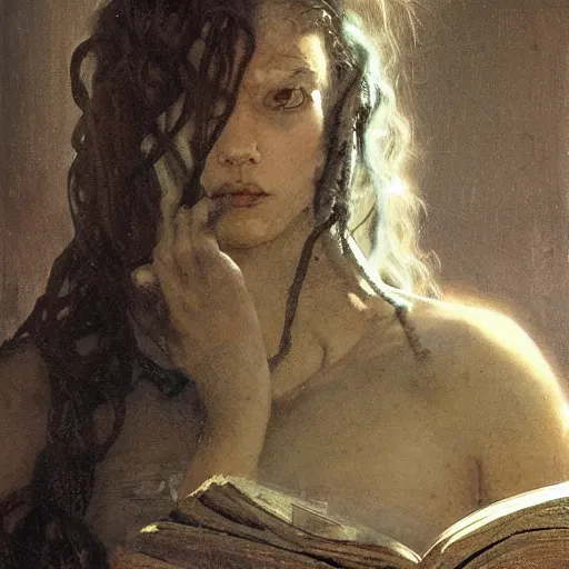 Prompt: half portait of medusa wearing a closed cowl and big old book! chained to the wrist, jeremy mann, jean - leon gerome, tiepolo, alphonse mucha, greg rutkowski, face in the shadows, ( ( ruins of ancient rome ) ), at dusk, mysterious atmosphere, sunrays, dof, high detailed, 8 k