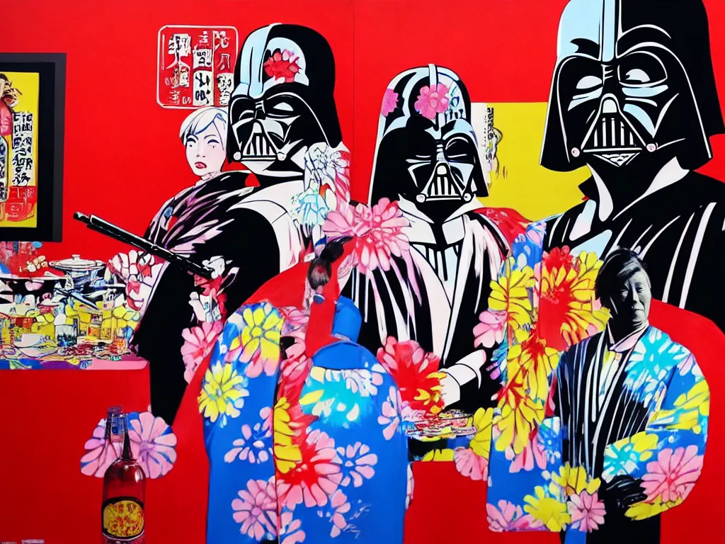 Image similar to hyperrealistic composition, in the middle the woman in a japanese kimono, behind her stands the darth vader, in front of her a table from the casino, in the background is mount fuji and fireworks, pop - art style, jacky tsai style, andy warhol style, acrylic on canvas