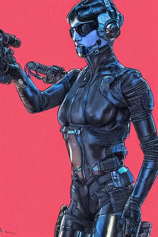 Image similar to selina. blackops spy in near future tactical gear, stealth suit, and cyberpunk headset. Blade Runner 2049. concept art by James Gurney and Mœbius.