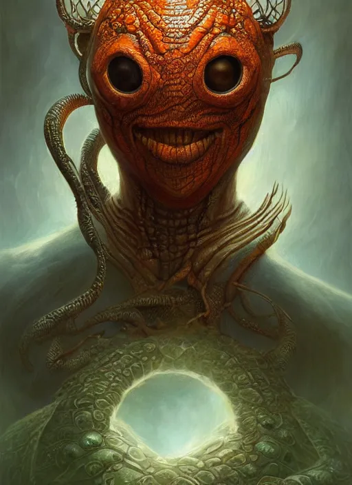 Image similar to aquatic mf doom reptile eyes, orange skin. intricate, elegant, highly detailed, centered, digital painting, artstation, concept art, smooth, sharp focus, illustration, artgerm, tomasz alen kopera, peter mohrbacher, donato giancola, joseph christian leyendecker, wlop, frank frazetta