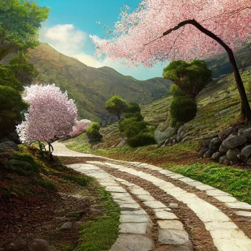 Image similar to stone path through a cherry blossom filled valley leading to a monastery, matte painting, adult swim