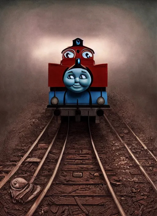 Image similar to thomas the tank engine in style of zdzisław beksinski, extremely dramatic lighting, 8 k, tendrils, black, darkness, black slime tendrils, infected, rust, body horror, thomas the train, thomas the tank engine face, horror,