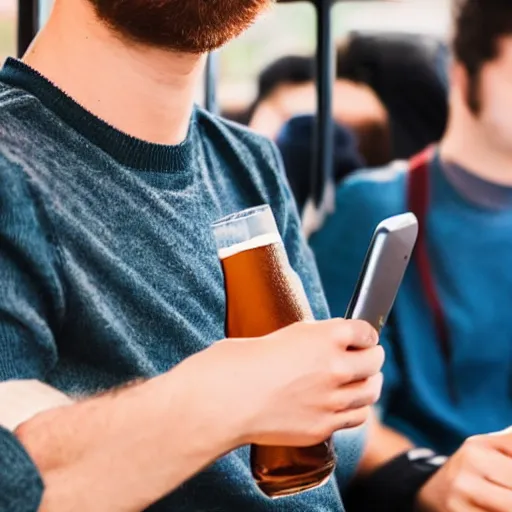 Image similar to a tired young university student is riding a crowded bus with a couple of fizzy dark beer bottles in his hands. student is looking at his smartphone. close up 4 k photo, bokeh, 5 0 mm, stock photo