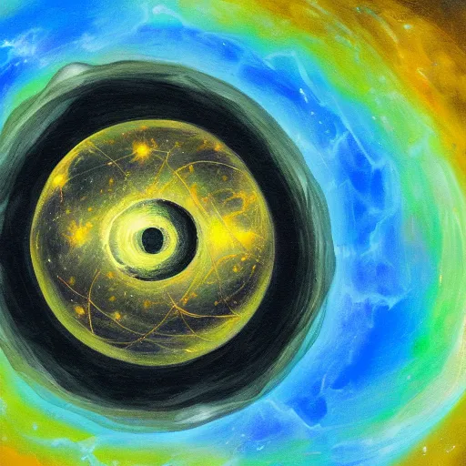 Prompt: abstract realistic painting of a black hole insine a golden dodecahedron with a blue and green nebula in background