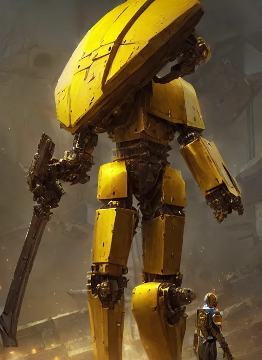 Prompt: human-sized strong intricate yellow pit droid carrying very detailed great sword and beautiful large paladin shield, pancake short large head, exposed metal bones, painterly humanoid mecha, by Greg Rutkowski