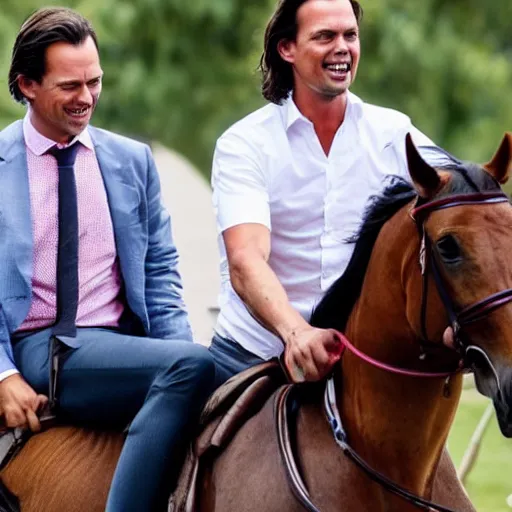 Image similar to mark rutte and thierry baudet on a horse together extremely happy, beautiful colors