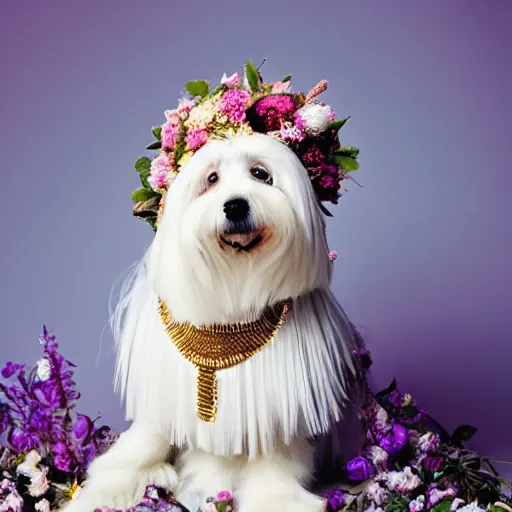 Prompt: cream - colored havanese dog wearing an ornate african necklace, a large headpiece made from flowers, soft light colored background, intriguing pose, magazine fashion photo by mark seliger