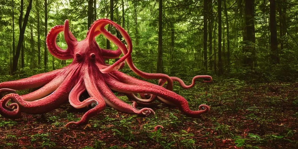 Image similar to a huge octopus in the middle of a forest, beautiful ambient light, 8k photography