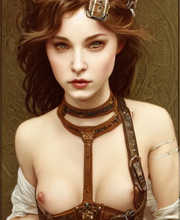 Image similar to a highly detailed portrait of an angel wearing intricate leather suspenders, honey birdette, realistic portrait, deep focus, matte, digital painting, artstation, hearthstone, concept art, smooth, sharp focus, cinematic lighting, art by artgerm and greg rutkowski and alphonse mucha, araki nobuyoshi, anders petersen