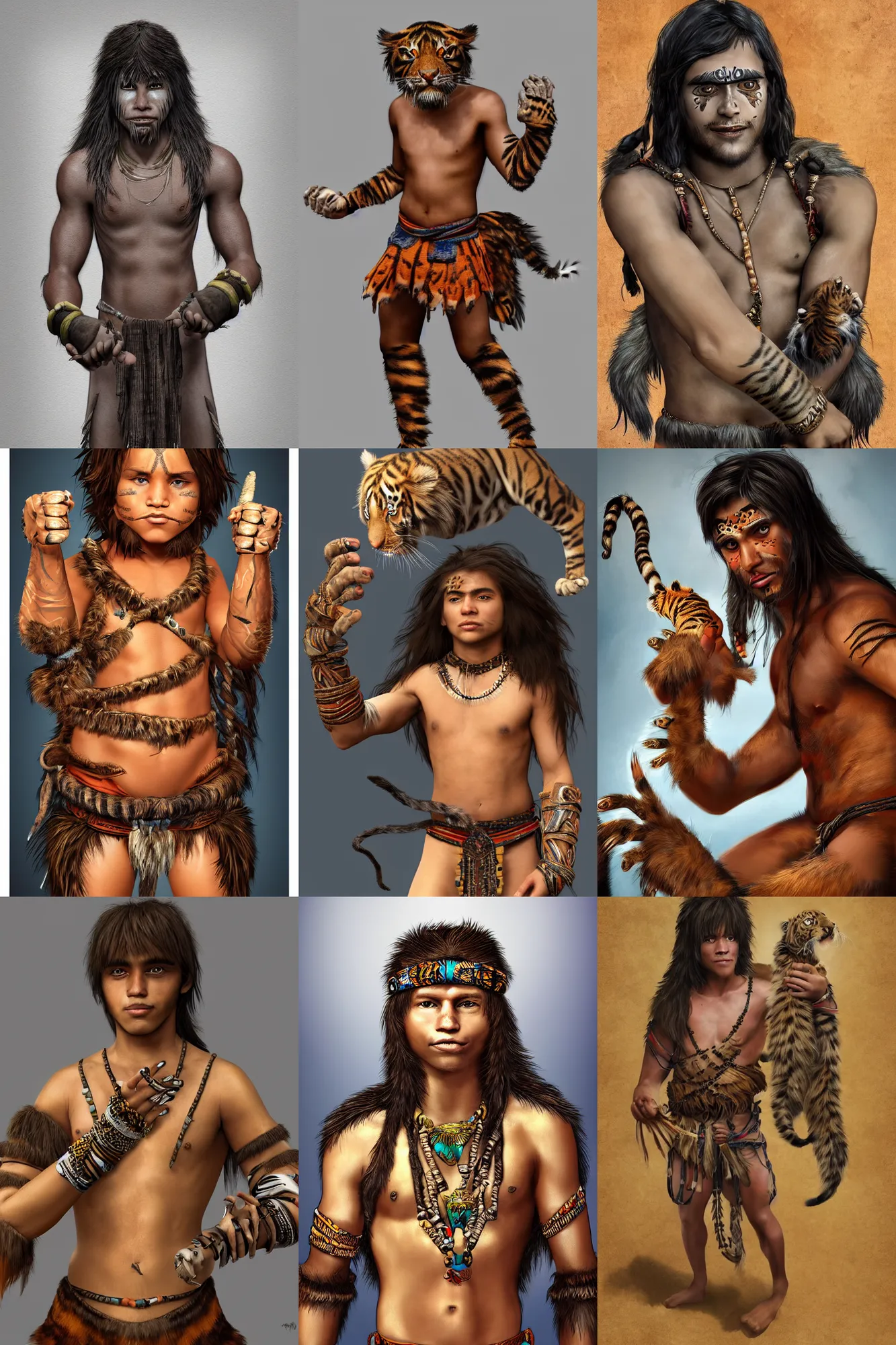 Prompt: digital art of closeup tribal boy with long hair, loincloth, taxidermy tiger paws with claws on hands as gauntlet, showing his paws to viewer, artstation