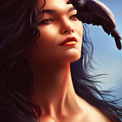 Prompt: a stunning upper body portrait of a beautiful woman with raven hair blowing in the wind by marvel comics, digital art, trending on artstation