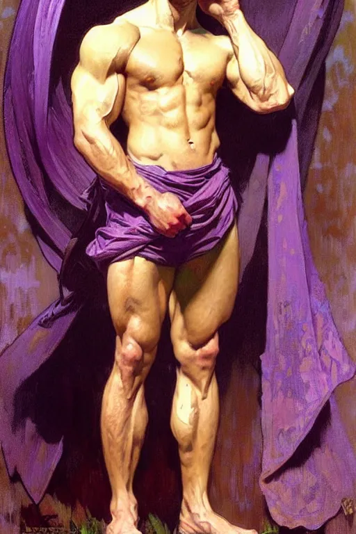 Prompt: A man wearing purple clothes, muscular, fantasy, painting by greg rutkowski and alphonse mucha