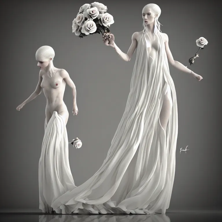 Image similar to alone with herself wonderful symmetrical liquid albino goddess with a beautiful porcelain body dressed with a majestic semi transparent silk cream roses long dress, hightly ornate, intricate, detailed, dramatic light, award winning, octane render, meredit frampton style