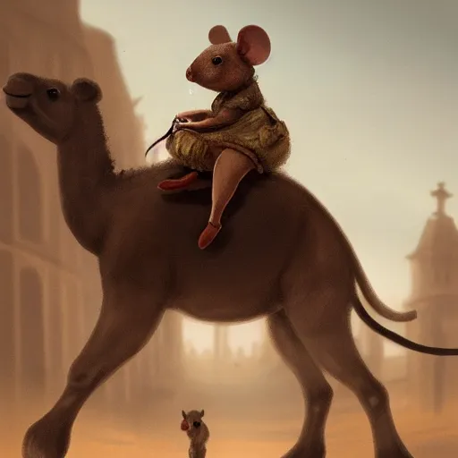 Prompt: A cute mouse riding a camel in Victorian London, digital art, trending on Artstation