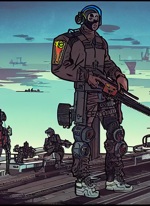 Prompt: cyberpunk cartel mercenaries on hover skiff. burning oil rig in the background. portrait illustration, pop art, art by ashley wood, alphonse mucha, laurie greasley and josan gonzalez. cinematic. dynamic lighting. realistic proportions. creative design. cell shading