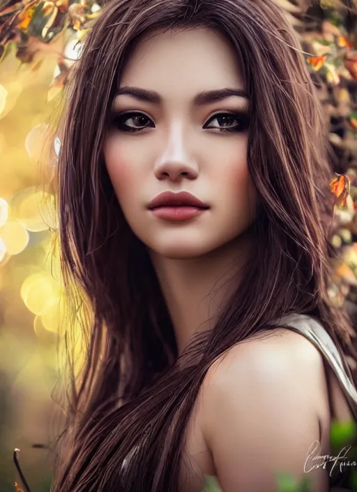 Image similar to photo of a gorgeous female in the style of stefan kostic, realistic, professionally, half body shot, sharp focus, 8 k high definition, insanely detailed, intricate, elegant, art by stanley lau and artgerm, bokeh foliage