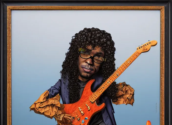 Image similar to a black man with long curly hair playing electric guitar, lowbrow, matte painting, 3 - d highly detailed, in the style of mark ryden,