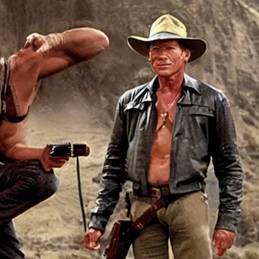 Image similar to indiana jones but played by arnold schwarzenegger with terminator hairdo