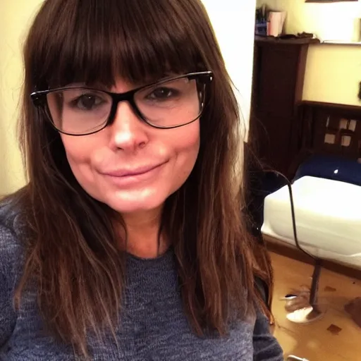 Prompt: 4 5 year old french and swedish woman, brown hair with bangs, wide nose, looks like chubby selena gomez, nerdy music teacher with phd, labile temper, drinks bourbon, wears oprah glasses, from wheaton illinois