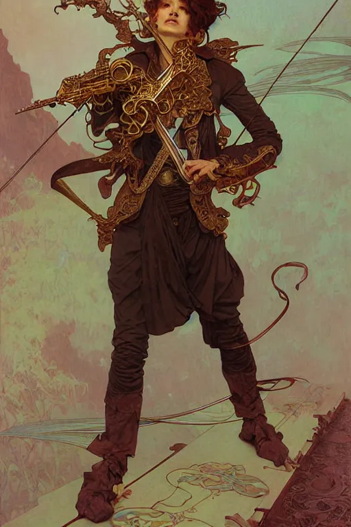 Image similar to thin young male bard, green long straight hair, fantasy, highly detailed, intricate, smooth, art by joseph leyendecker, peter mohrbacher, ruan jia, marc simonetti, ayami kojima, cedric peyravernay, alphonse mucha, victo ngai