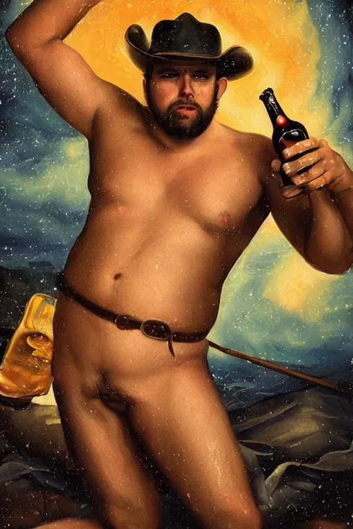 Prompt: a dramatic, epic, ethereal painting of a handsome thicc mischievous shirtless cowboy! with a beer belly wearing a large belt and bandana holding a whiskey bottle | background is a late night campfire with food and jugs of whisky | homoerotic | fire, flames, stars, tarot card, art deco, art nouveau, mosaic, intricate | by Mark Maggiori | trending on artstation