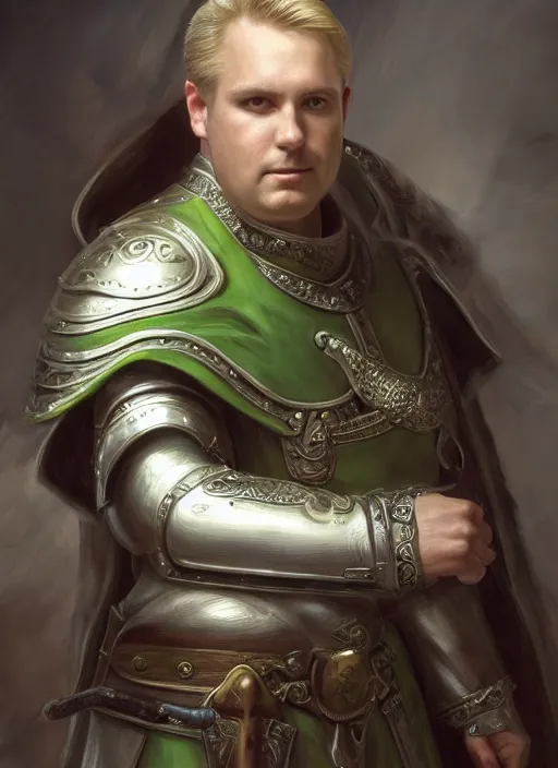 Prompt: portrait, fantasy beardless plump cleric with no beard, young adult, short in stature, no beard, short blonde hair comb over hairstyle, silver breastplate with religious engravings, clean shaven, green eyes, slightly smirking, style by donato giancola, wayne reynolds, jeff easley dramatic light, high detail, cinematic lighting, artstation, dungeons and dragons