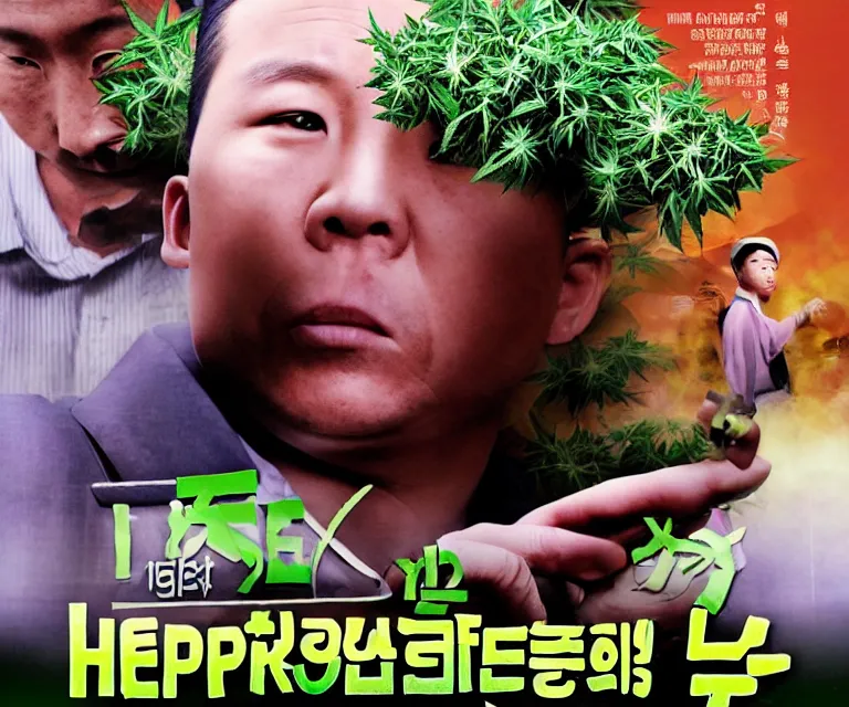 Image similar to hyperralism weed express ( 2 0 0 8 ) movie still photography of realistic detailed north korean kim chen with detailed face smoking high detailed weed and reviewing weed bush in detailed basement bedroom ultra violet light