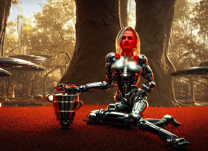 Image similar to photo of an intricate and sophisticated terminator woman with borg enhancements, blonde hair, metallic face plating with red lips, sitting on a giant mushroom in a weird magical mechanical forest and drinking a cup of tea. Very detailed 8k. Fantasy cyberpunk horror. Sharp. Unreal 5 render with nanite, global illumination and path tracing. Cinematic post-processing