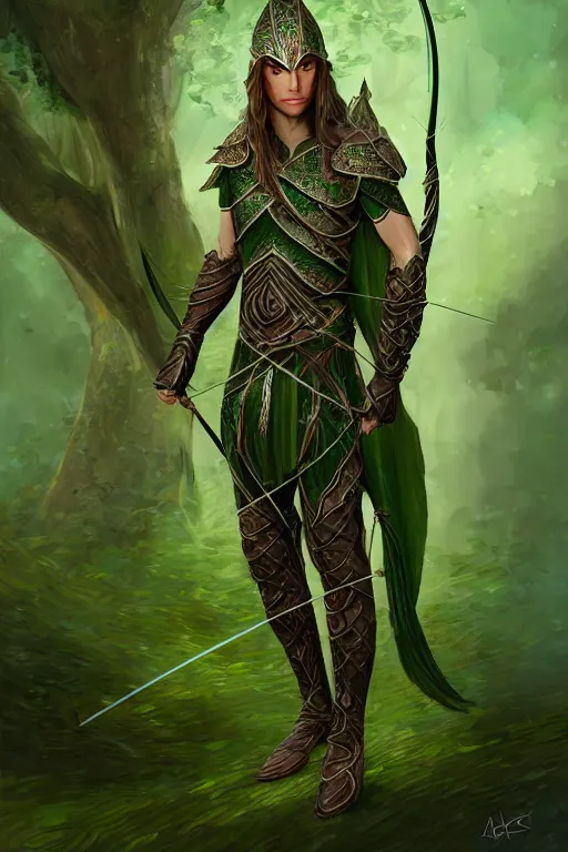 Image similar to male elven Archer armor made of green leaves, fantasy, amber eyes, face, long hair, intricate, elegant, highly detailed, digital painting, artstation, concept art, smooth, sharp focus, illustration