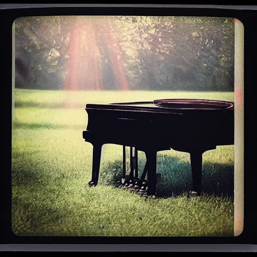 Prompt: a Polaroid photo of a transparent perspex piano in a field, beams of light, nostalgic