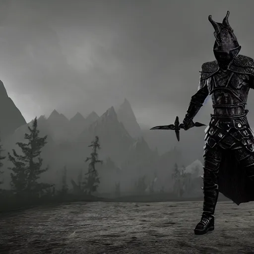 Image similar to a realistic full body of Konnor, a dragonborn, a black hood with black robes and a sword on his back, extremely realistic and detailed, standing in front of a mountain