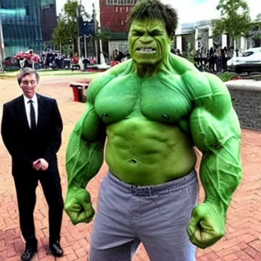 Image similar to bill gates cosplaying as the hulk, muscly bill gates wearing a hulk costume, bill gates jacked beefy cosplay award winner