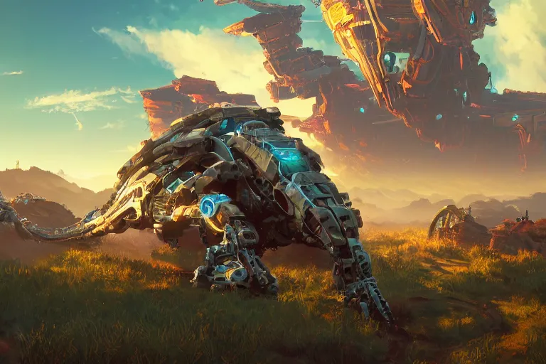 Image similar to slitherfang machine mecanical creature robot of horizon forbidden west horizon zero dawn radiating a glowing aura global illumination ray tracing hdr fanart arstation by ian pesty and alena aenami artworks in 4 k