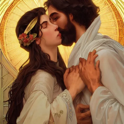 Image similar to 1 8 th jesus kissing a woman, intricate, elegant, highly detailed, digital painting, artstation, concept art, matte, sharp focus, illustration, art by artgerm and greg rutkowski and alphonse mucha