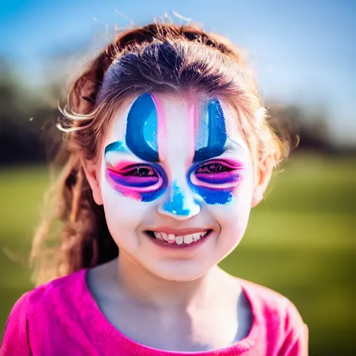 Image similar to a portrait of a girl who has face - painting like a abstract object smiling creepily. depth of field. lens flare