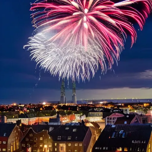 Prompt: huge fireworks above the city of Aalborg in Denmark