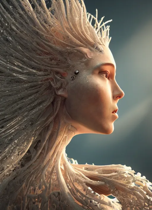 Prompt: beauteous stunning practical sumptuous androgynous biomechanical with incredible hair, crystalline masterpiece incrustations, hyperdetailed face, elegant pose, movie still, intricate accuracy, octane render, cinematic forest lighting, cgsociety, unreal engine, crepuscular rays, god rays